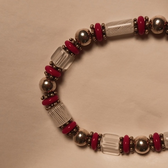925 Silver Red & WHITE Glass BEADED Bracelet ART GLASS Whimsical Whimsigoth - Picture 5 of 6